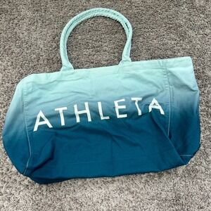 Athleta Ombre Teal Blue Tote Bag‎ Large Canvas Beach Gym Travel